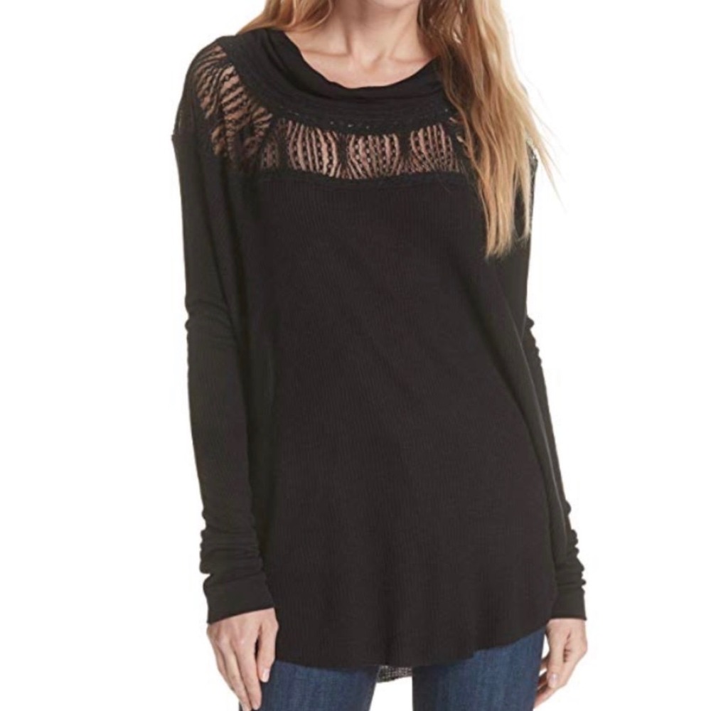 Free People Black Lace Yoke Waffle Knit Thermal Long Sleeve Top Medium